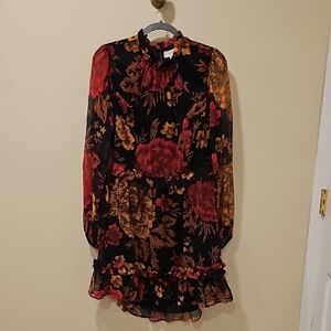 Anthropologie Black Floral Long Sleeve Ruffled Dress - Red & Gold Print